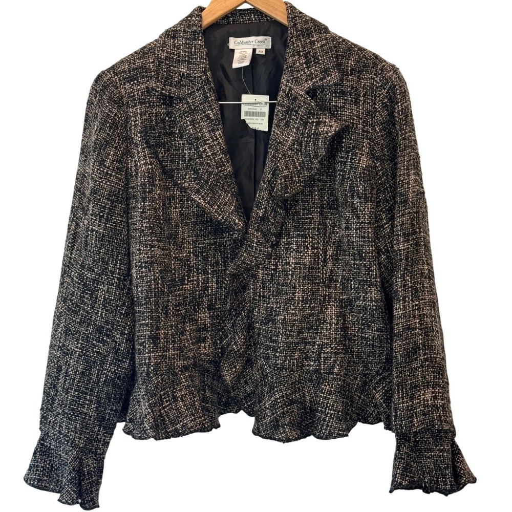 NWT Career Academia 90s Office Petite M Tweed‎ Ruffle Blazer Jacket Black Wht